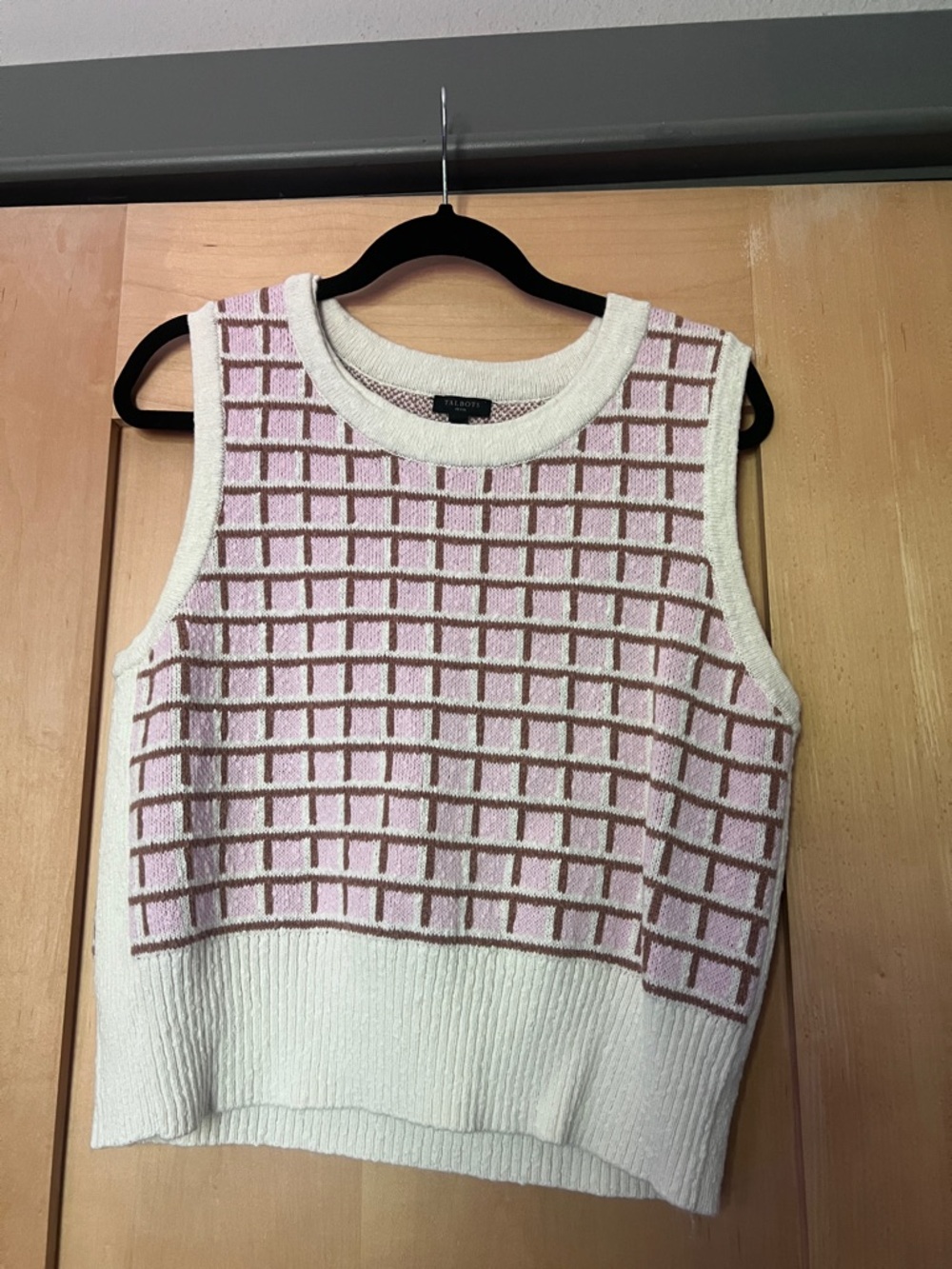 Talbots Cream and Pink Grid Knit Sweater Vest
